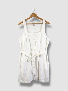 A New Day White Linen Dress Size L Sleeveless Belted Button Front Summer Casual